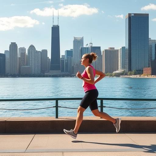 A woman jogging along the Chicago lakefront with the city skyline in the background